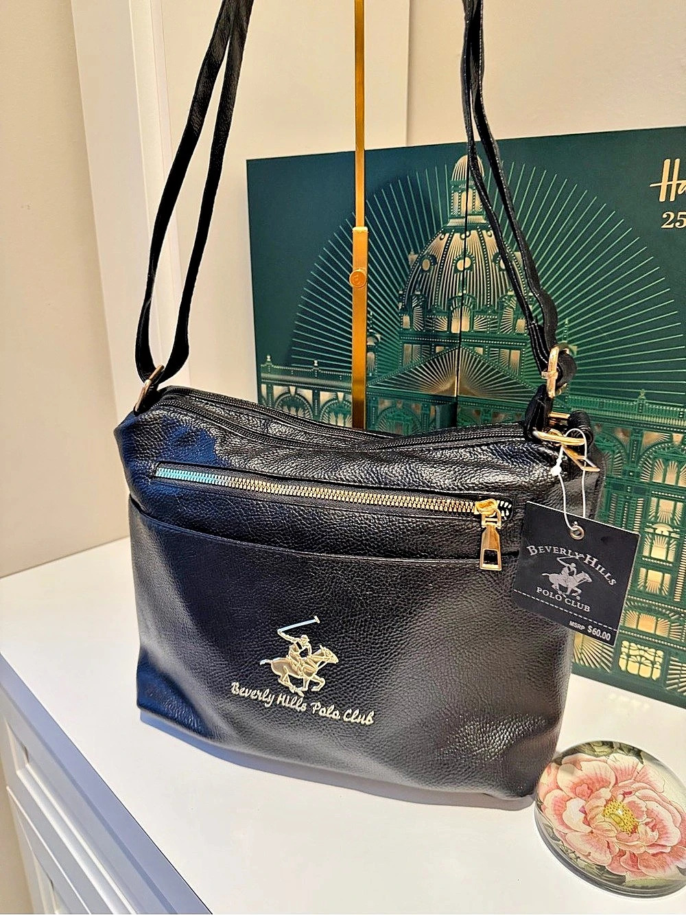 Beverly Hills Polo Club sleek Black and Gold Crossbody Bag NWT GORGE!